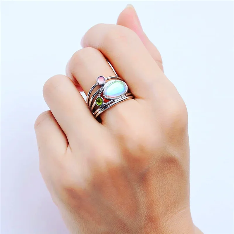 

Crystal Female Big Moonstone Ring Fashion 925 Sterling Silver Rose Gold Wedding Jewelry Promise Love Engagement Rings For Women