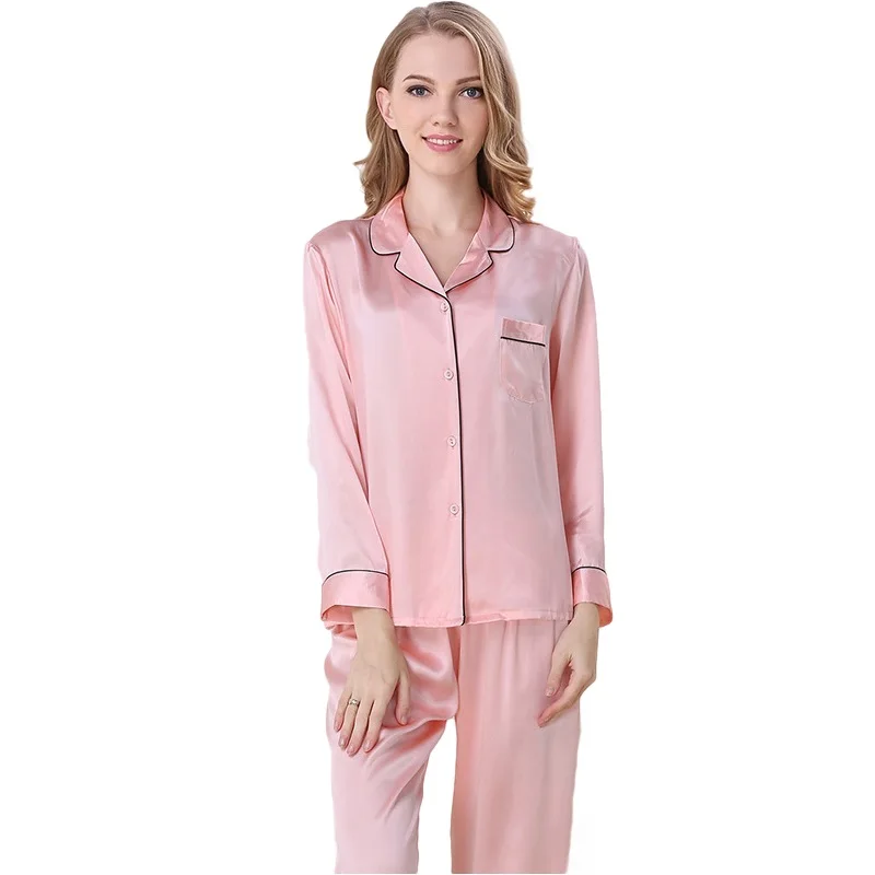 Classic Silk Satin Women Pajama Sets Notch Collar Long Sleeves Top with