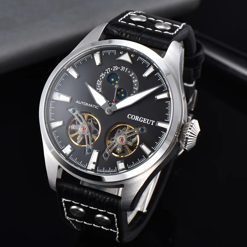 

Corgeut 46mm Mens Automatic Watch Black Dial Luminous Hands Deployant Buckle WristWatch Date Function Mechanical Watch CA3023SB