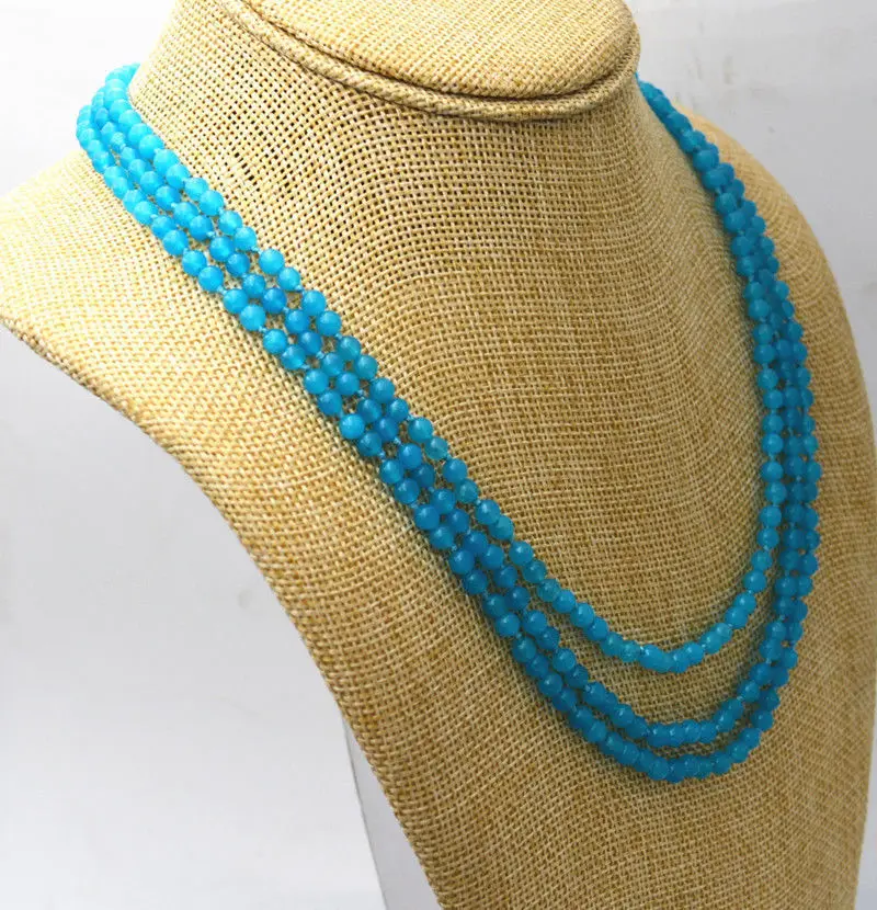 

Fashion 3 rows 4 mm sea blue Brazil Aquamarine bead necklace 17-19 "AAA