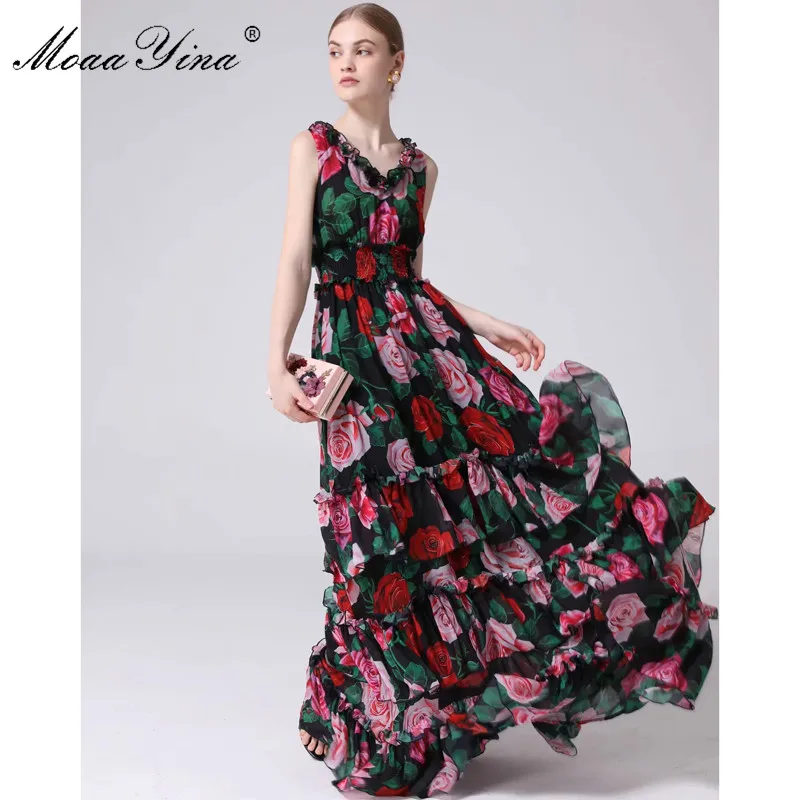 MoaaYina, модное дизайнерское подиумное платье, летнее, женское, v-образный вырез, цветочный принт, оборки, эластичная талия, для отпуска, макси, платья