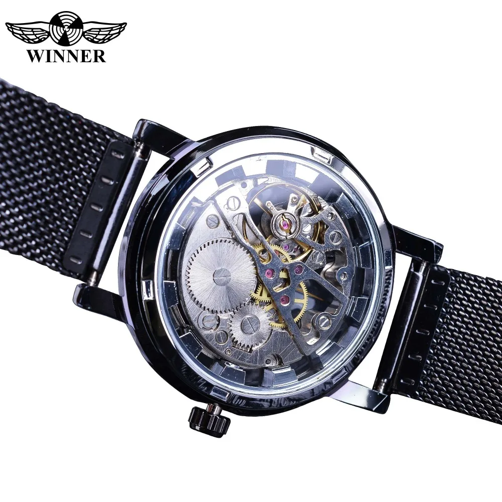 Winner Stainless Steel Mesh Band Transparent Classic Thin Case Hollow Skeleton Mens Male Mechanical Wrist Watch Top Brand Luxury - Image 4