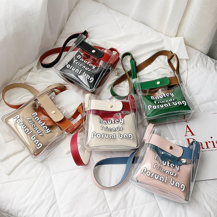 

Fashion PVC Transparent Shoulder Bag for Women Solid Color Casual Jelly Bag Girls Cute Letter Printed Shoulder Messenger Bags