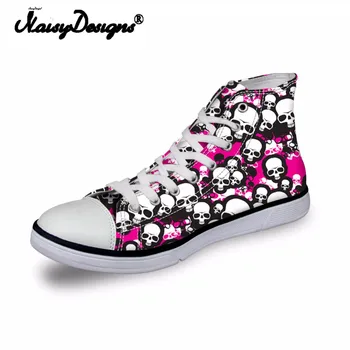 

Noisydesigns ladies vintage high top sneakers girls casual vulcanized footwear Women pink white skull 3D print flat canvas shoes