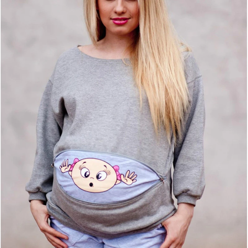 

Fashion Cartion Baby Pregnancy T Shirt Clothes for Pregnant Women Zipper Spring Long Sleeve Funny Maternity Tops Plus Size