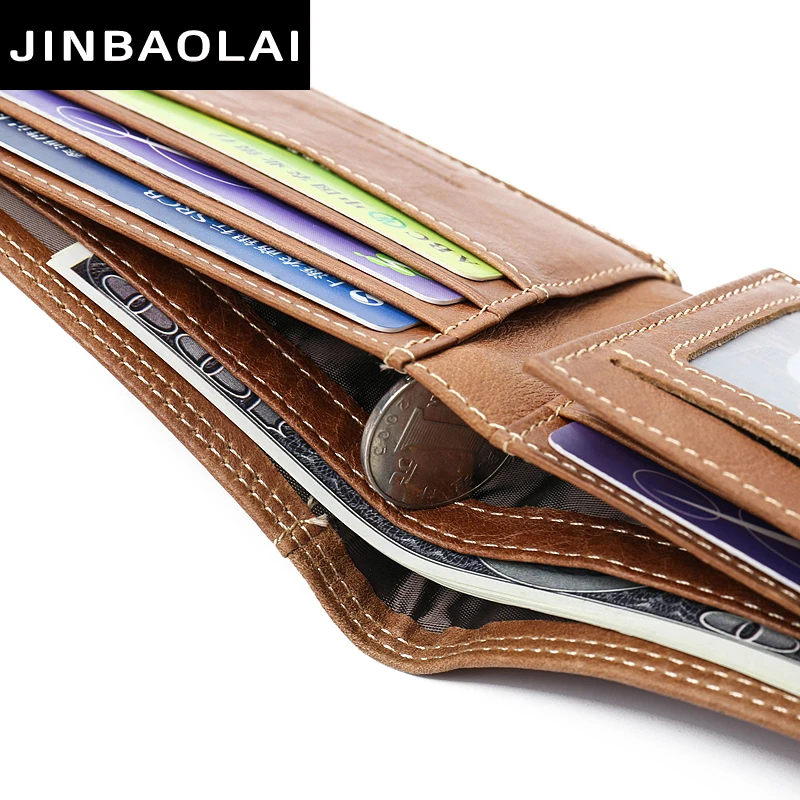 JINBAOLAI cow leather original brand male wallet fashion double suture design bifold wallets for men hight quality leather walet