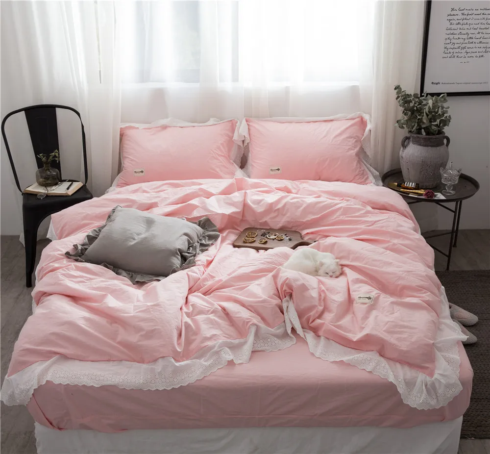 100 Cotton 4pcs fancy light pink bedding sets with delicate white lace