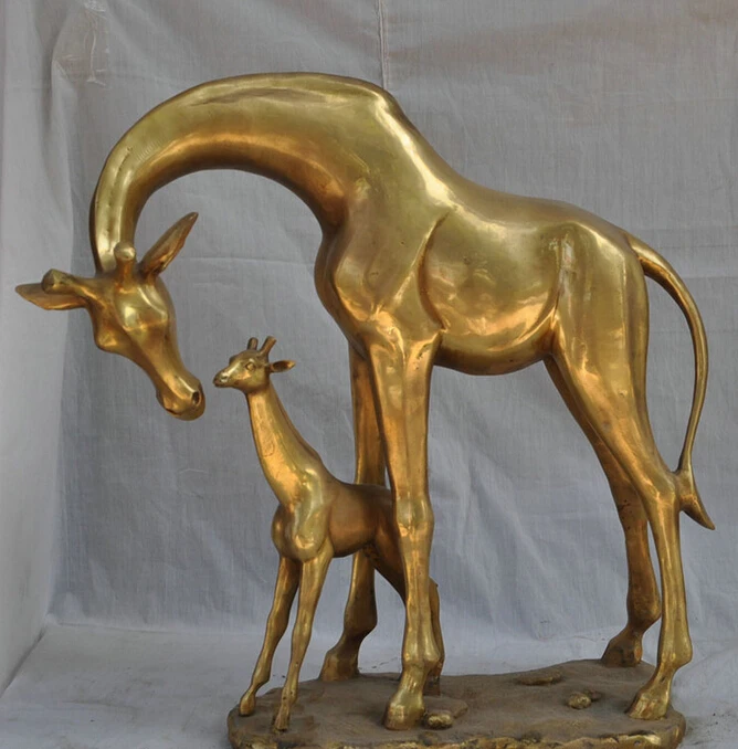 

Collectible bronze S1257 17" Folk Chinese Pure Brass Docile Baby Giraffe Family Statue Animals Sculpture