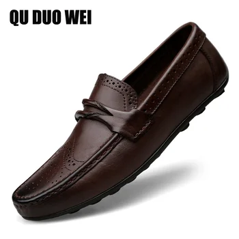 

2018 Mens Casual Genuine Leather Shoes Spring Summer Men Flat Walking Loafers Black Brown Man Luxury Slip on Boat Shoes Big Size