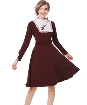 

Free Shipping Newly Royal Style Flower Embroidery Embellished Round Collar Long Sleeve Dress Wine Red