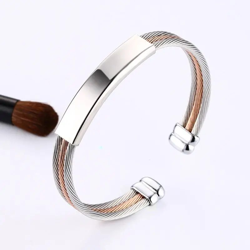 

Womens Cuff Bracelets Stainless Steel Triple Cable Wire Twisted ID Tag Open Bangle Bracelet Fashion Jewelry Free Engraving