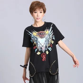 

Putin. Rider summer new street fashion brand Eagle letter printing sequins bead mesh stitching long large size ladies dress