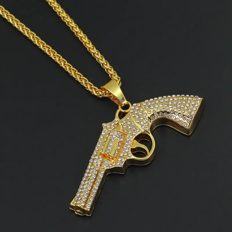 Bling bling AK-47 вращающийся пистолет-Пистолет Хип-хоп золото серебро кристалл кулон ожерелье, Льдом Из кубинской цепи ювелирные изделия - Окраска металла: revolving pistol