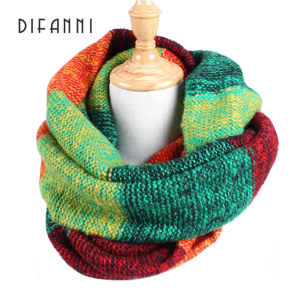 

[DIFANNI] Good quality Winter Girl Loop scarf Colorful Stripe Infinity Scarf Designer Acrylic Mohair Basic Shawls Soft Women's