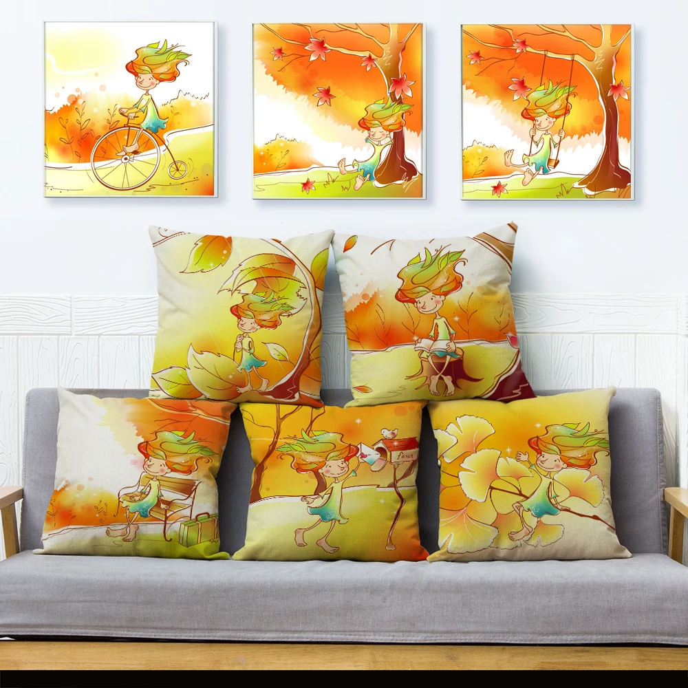 

Child Fairy Tale World Print Cushion Cover Linen Decor Autumn Maple Leaf Pillow Case for Sofa Home Car Chair Pillow Case 45x45cm