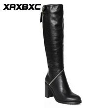 XAXBXC/высокие сапоги в британском ретро-стиле из искусственной кожи с плюшевой подкладкой; Цвет Черный; женские сапоги на молнии и толстом каблуке; повседневная женская обувь ручной работы с круглым носком