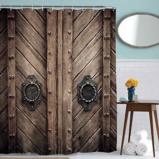 CHARMHOME Hot Sale Custom Old Wooden Garage Door Shower Curtain Waterproof Fabric Retro Vintage