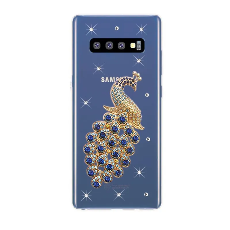 

Phone case For Samsung Galaxy S10 case peacock Rhinestone clear back cover For Samsung S10 Plus Galaxy S10e case bumper