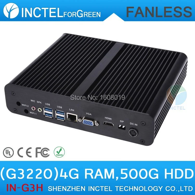 Fanless mini PC MINI desktop Intel H87 with Intel Pentium Dual Core G3220 3.0Ghz CPU HDMI VGA DP Three display 4G RAM 500G HDD