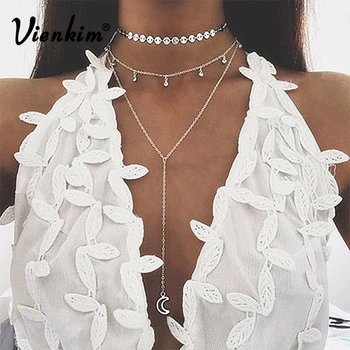 

Vienkim 2018 New Bohemia Multilayer Necklace Wafer Chain Crystal Pendant Moon Necklace Layered Ethnic Women Gift Jewelery