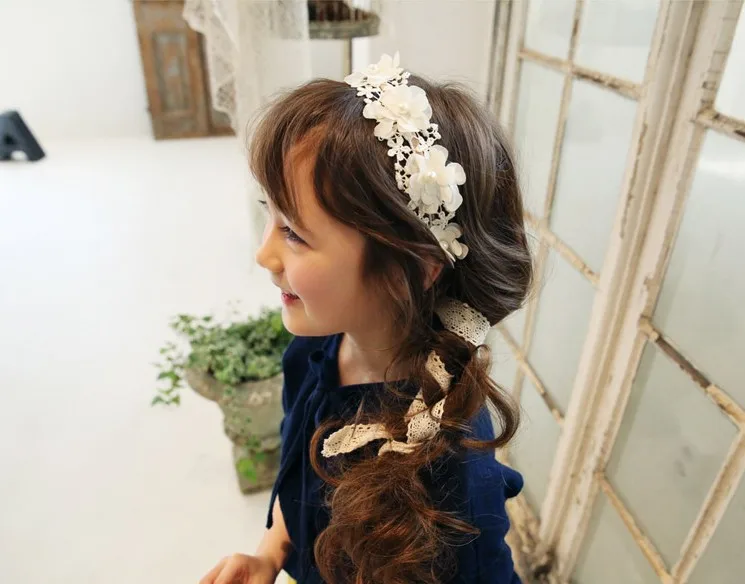 Корея дети цветок фея обруч для волос с бутоном шелковой лентой Девушки голова обруч аксессуары для волос