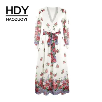 

HDY Haoduoyi Femme Summer Fashion Stylish Sexy Bohemian Floral Printed Bow A-Line V-Neck Butterfly Sleeves Empire Long Dress
