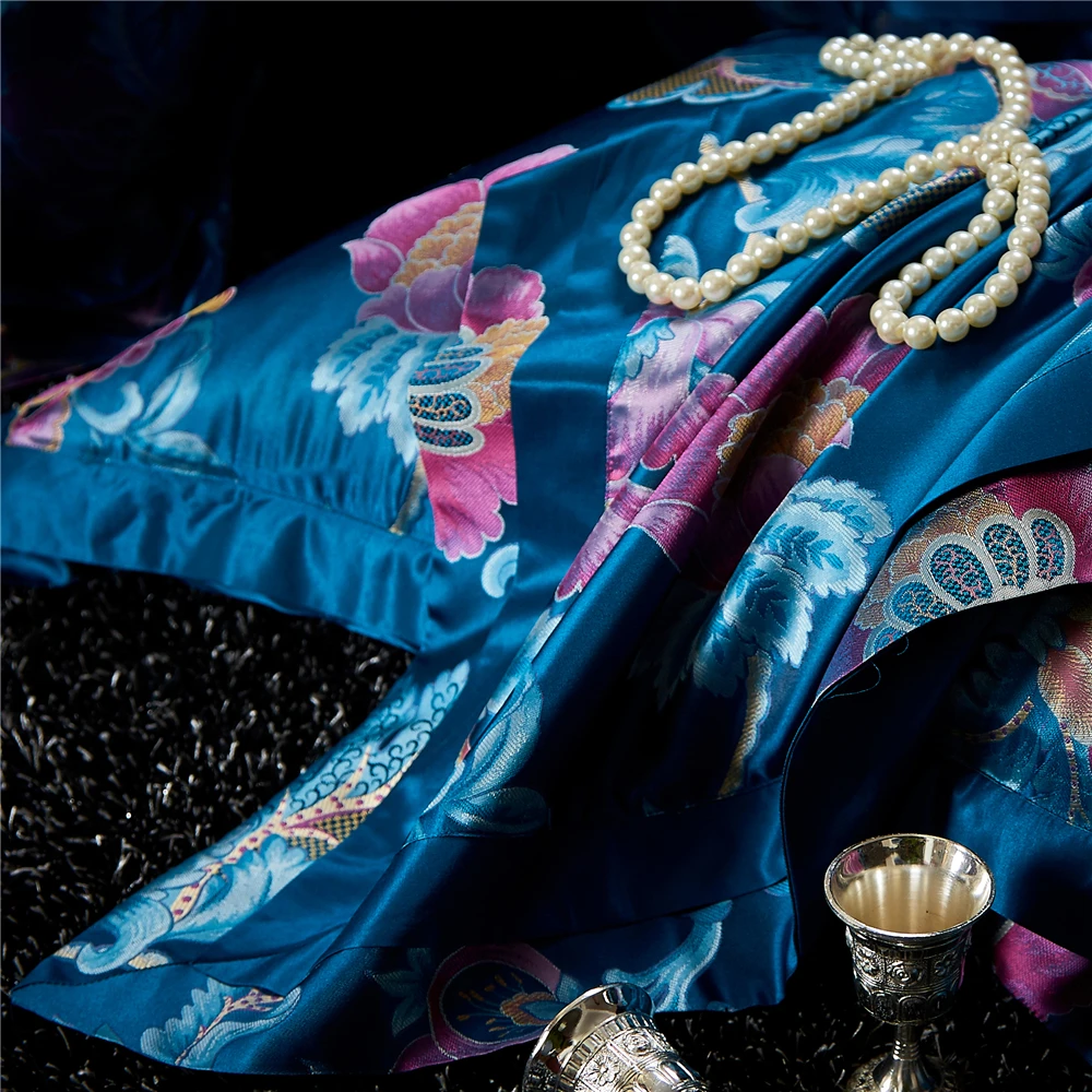 الأوروبية نمط 4 قطع طقم سرير الجاكار الحرير 28 Momme التوت الحرير الملك حجم نوم مجموعات حاف الغطاء شقة ورقة كيس وسادة