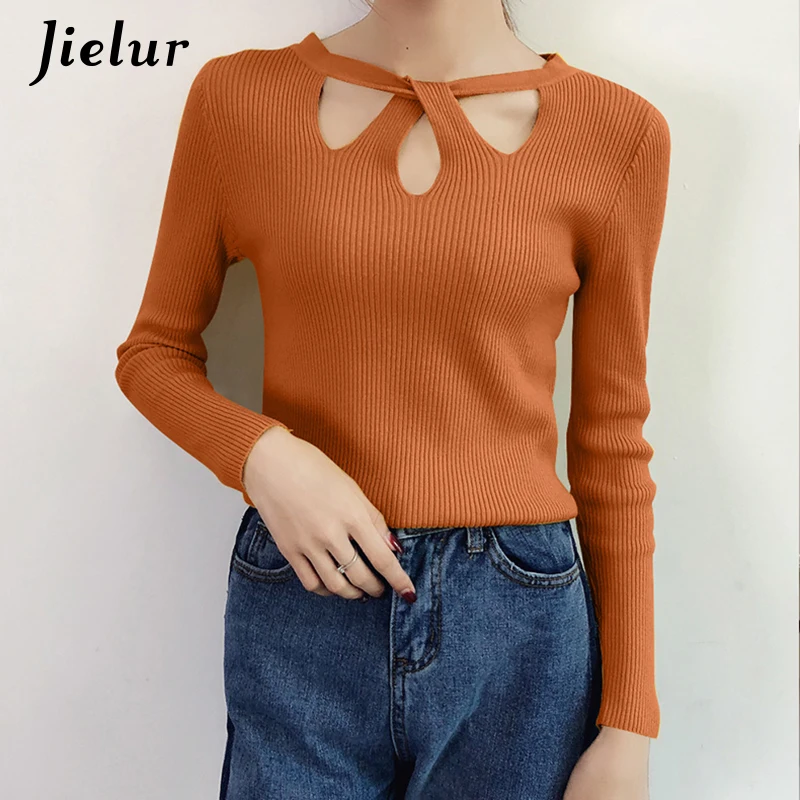 Baratos Jielur otoño Sexy cuello redondo ahueca hacia fuera el suéter de punto Mujer Simple ocio Delgado señoras Tops moda Color sólido camisa de fondo