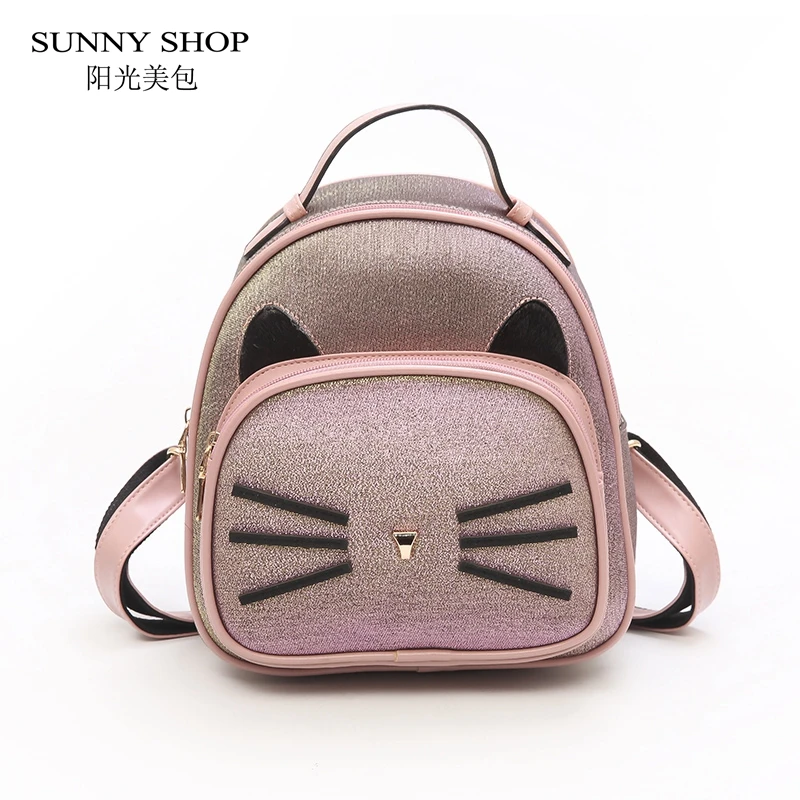 

SUNNY SHOP 2018 Fashion Cute Cartoon Cat Women Backpack Small Pink PU Leather Ladies Bagpack Korean Girls School Bags Teenage