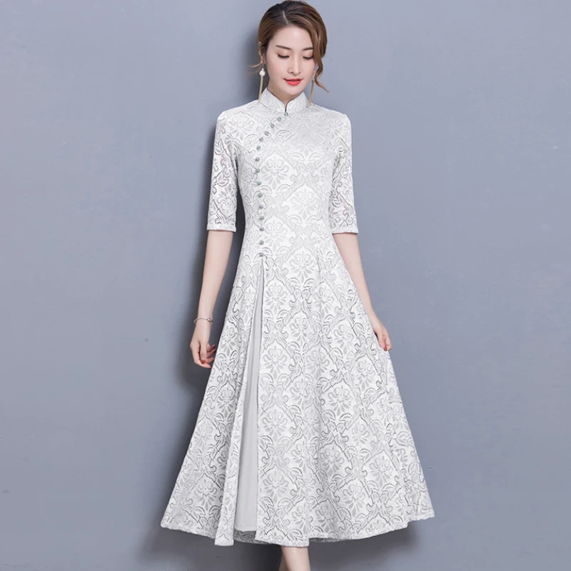 new vintage Lace Long dress women Summer Chinese Style A-Line dress Solid color Half sleeve Ankle-Length dress women