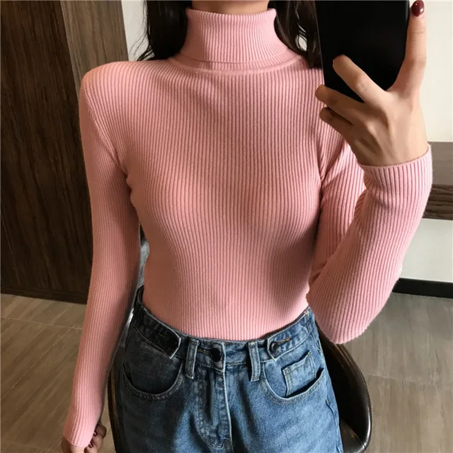 2022 Autumn Winter Thick Sweater Women Knitted Ribbed Pullover Sweater Long Sleeve Turtleneck Slim Jumper Soft Warm Pull Femme Pink