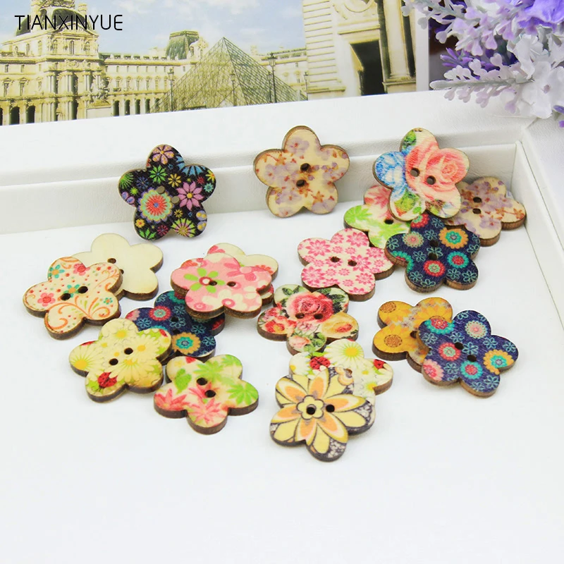 

25 mm Painting Flower Wood Buttons sewing Scrapbooking Random color Two Holes Pattern Buttons,DIY Clothing Accessories