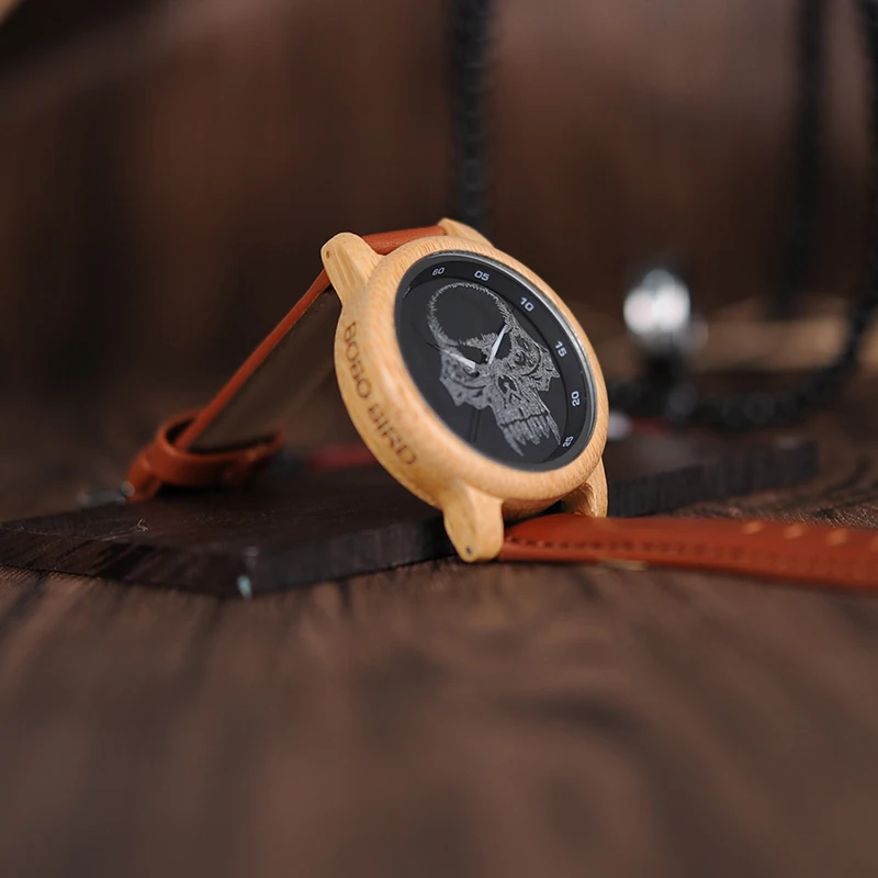 BOBO BIRD WP24 Simple Bamboo Watch for Men Women Cool Skull Design on Glasses Quartz Wristwatch