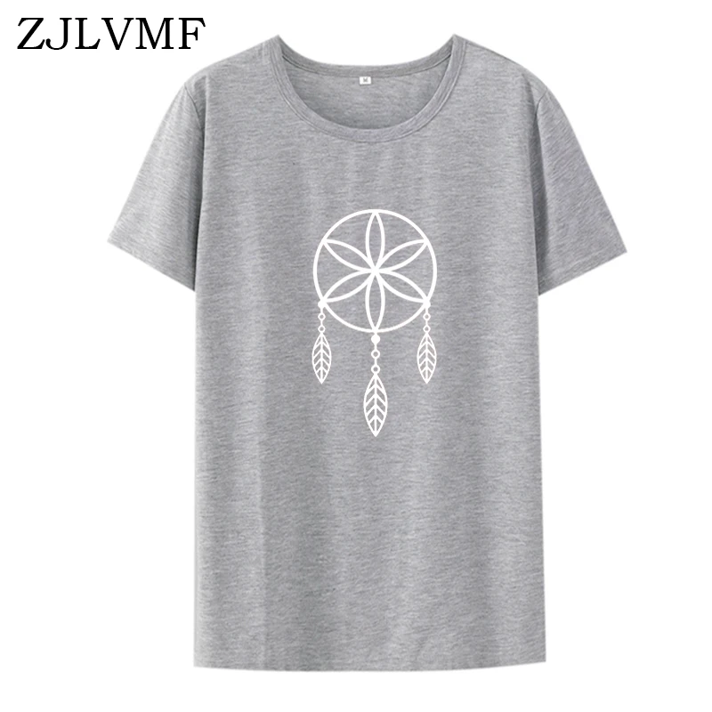 Zjlvmf женская футболка с изображением Ловца снов, корейская мода, уличная одежда, милые Графические футболки, женские повседневные хлопковые Забавные футболки с круглым вырезом, женские топы - Цвет: Gray