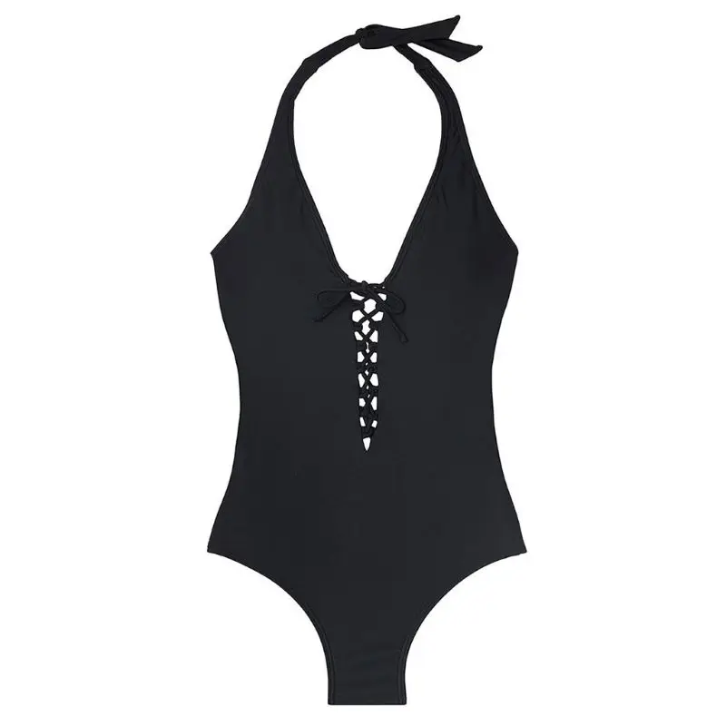 

Bikini Solid Color Halter Plunge Deep V-Neck Monokini Criss Cross Bandage Backless Hollow Out Swimsuit S-3XL