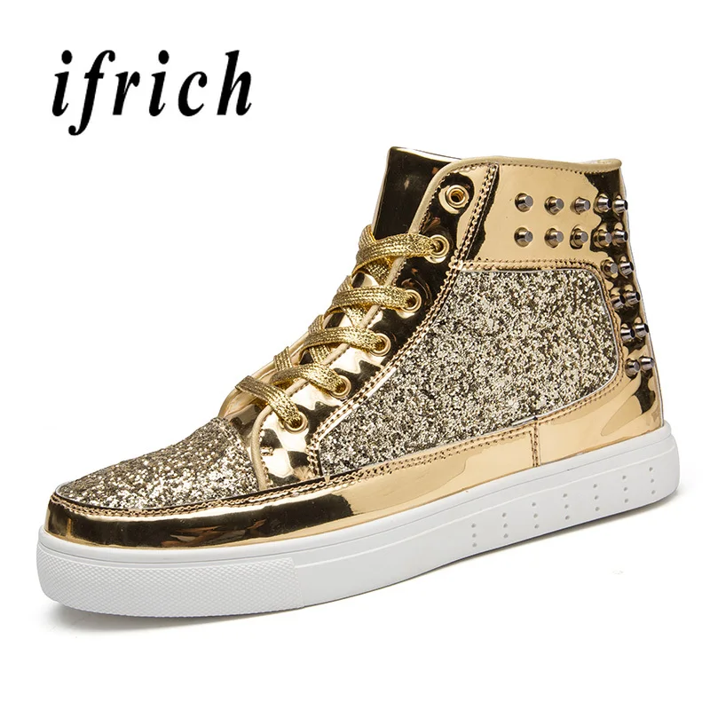 

2018 New Cool Mens Fashion Footwear Gold Black Walking Male Shoes Rivet Flats Shoes for Men High Top Patent Leather Shoes Men