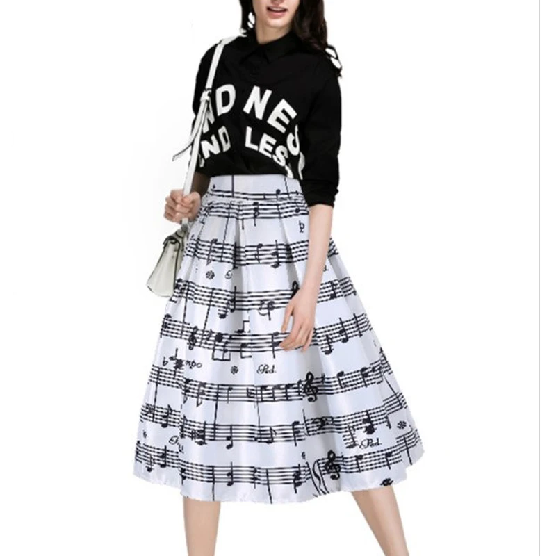 

Skirts Women 2017 Autumn Winter High Waist Midi Lenght Ball Gown A-Line Skirt Music Note Print Slit Elegant Womens Office Lady