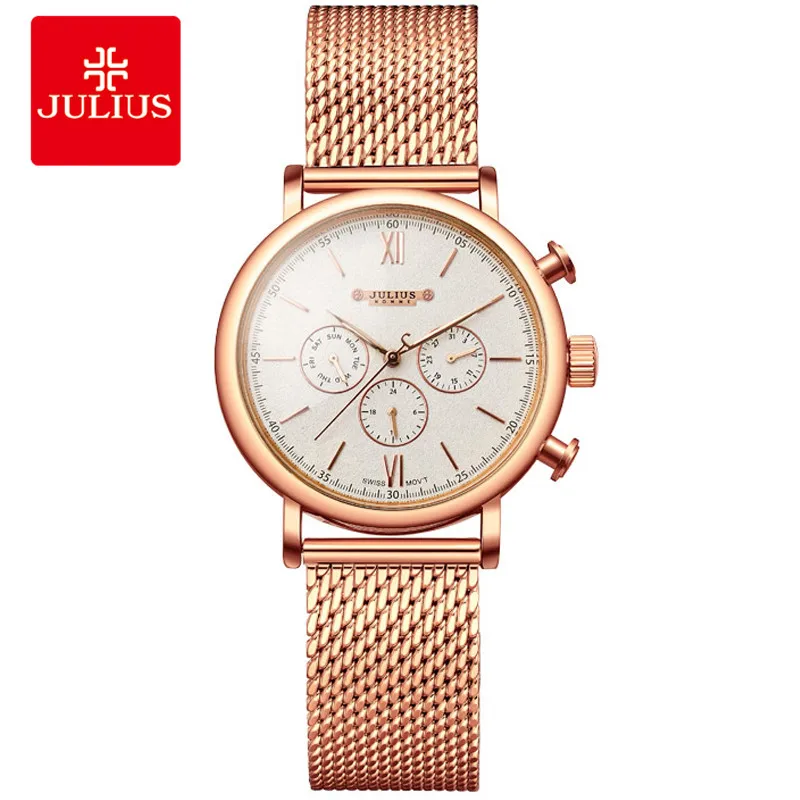 

JULIUS 2018 New Chrono Wrist Watches Full Steel Mesh Band 3 Dials Multi-Function Men Sports Business Watches Top Brand JAH-090