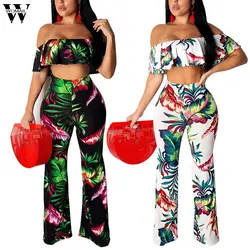 Womail спортивный костюм летний женский комплект из 2 предметов с рюшами и цветочным принтом топы с открытой спиной + широкие брюки комплект