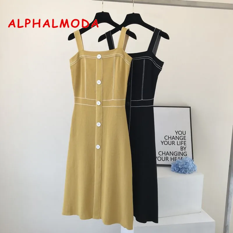 

ALPHALMODA Knitted Suspended Dress Female Summer Slimming Single Breasted Tank Vestidos High Waist Preppy Style Summer Clothes