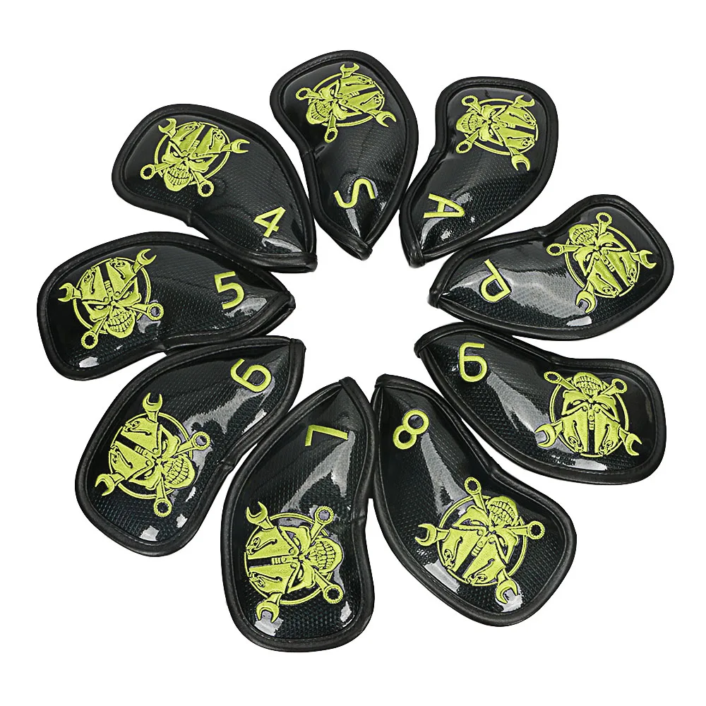 Golf Iron Headcover Waterproof PU Leather skull head pattern 9Pcs/set(4~9,P,A,S) golf clubs protect covers free shipping