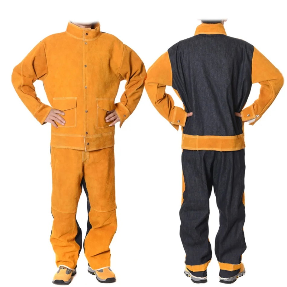 Сварочные костюмы из воловьей кожи+ джинсы, термостойкие сверхпрочные сварочные костюмы, износостойкие, антиожоговые, Огнестойкие Рабочие костюмы - Цвет: Цвет: желтый