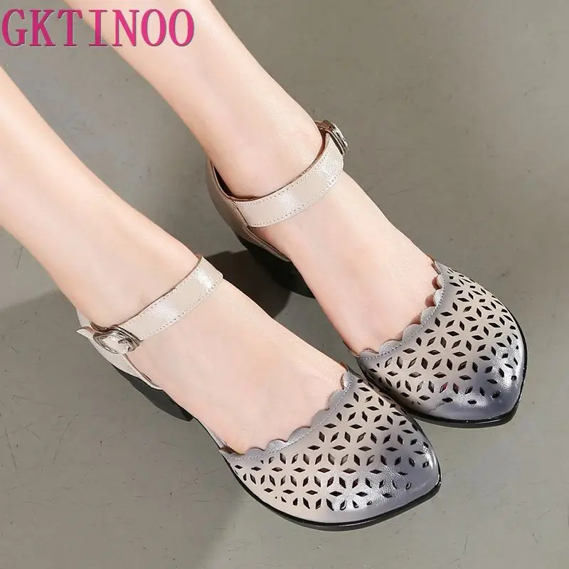 2019 Women Thick Heels Sandals Covered Toe Shoes Ethnic Style Summer Genuine Leather Hollow