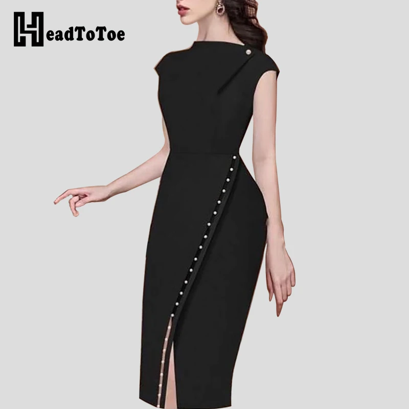 

Beading Embellished Slit Irregular Formal Dress Women Sleeveless Midi Bodycon Dresses Office Lady Workwear Elegant Dress 2019