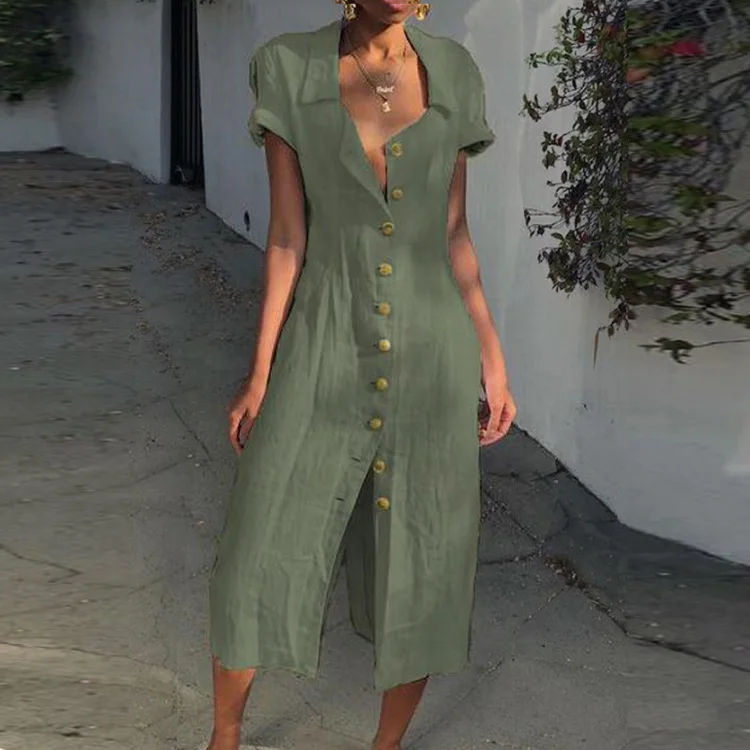Lipswag 3XL женское однотонное повседневное Свободное платье с коротким рукавом и v-образным вырезом на пуговицах с разрезом на подоле весенне-летнее женское платье-рубашка Vestido - Цвет: Green