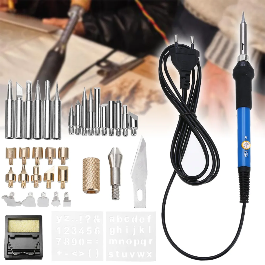 

37pcs 60W Temp Soldering Iron Kit Wood Burning Pyrography Pen Kit for Embossing Welding Repair Tools EU/US Plug