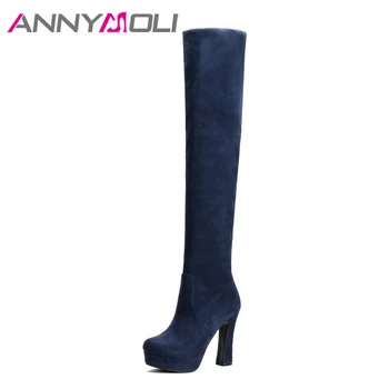 

ANNYMOLI Winter Women Thigh High Boots Platform High Heels Boots Slim Stretch Over the Knee Boots Sexy Autumn Shoes Black Blue