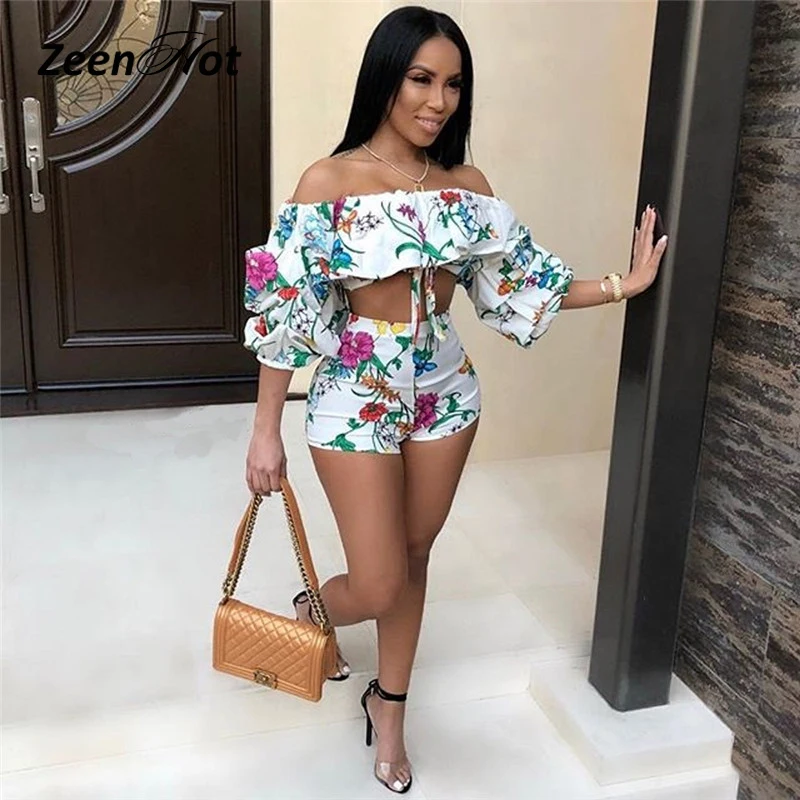 

Floral Printed Women Short Jumpsuit Summer Half Sleeve Two-piece Overalls Rompers Sexy Slash Neck Bodycon Playsuits