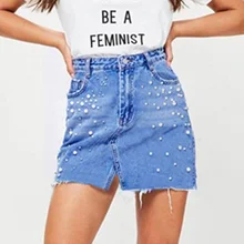 LOGAMI высокая талия джинсовые юбки женские Асимметричная мини-юбка Для женщин Бисер Летняя джинсовая юбка