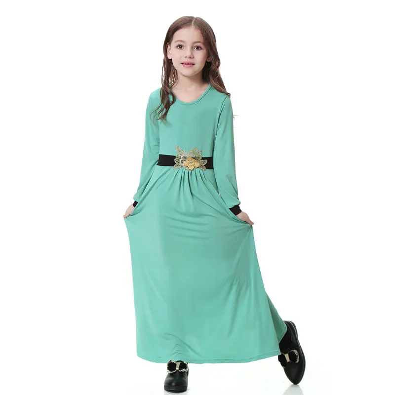 

Muslim Dress for Girls 3-12Y Elastic Applique Long Dresses Kaftan Tunics Arab Child Abiye Islamic Robes Clothes National Dress